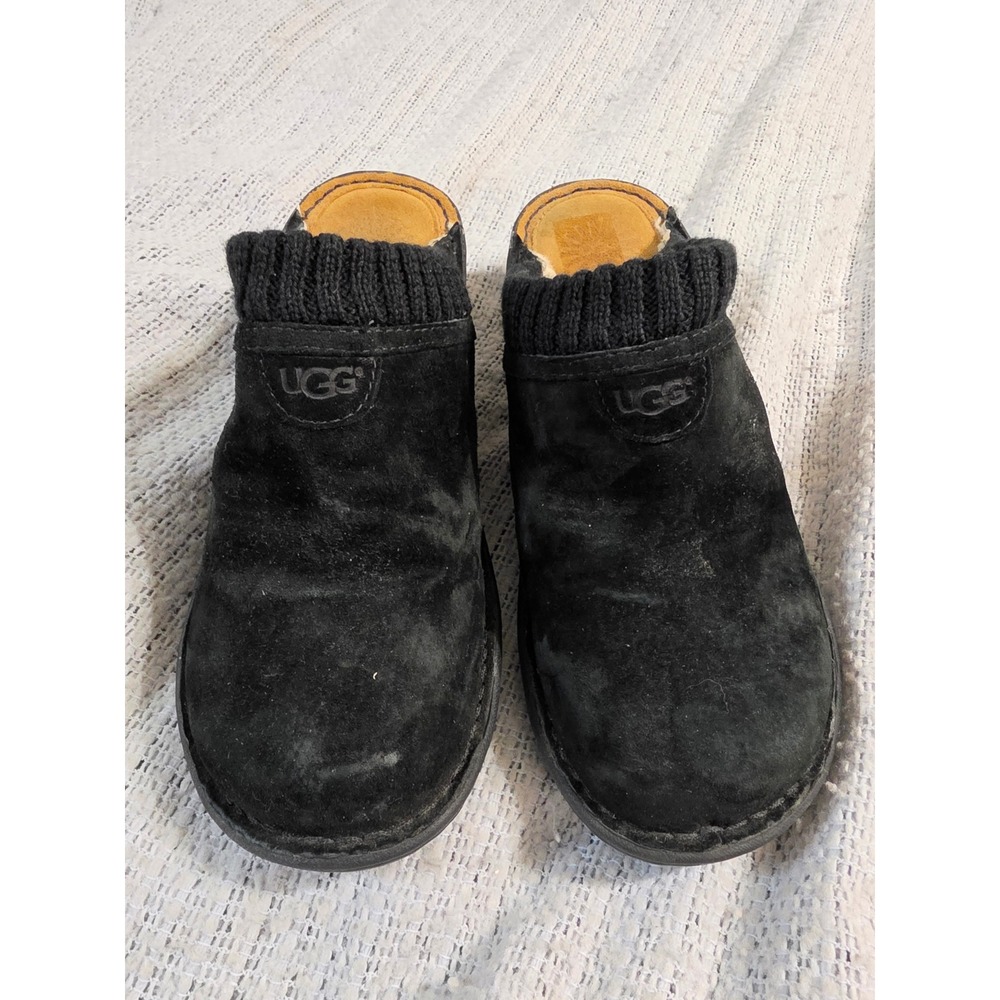 UGG Australia 1934 Black Suede Knit Collar Shearling Lined Wedge Clogs Mules 10